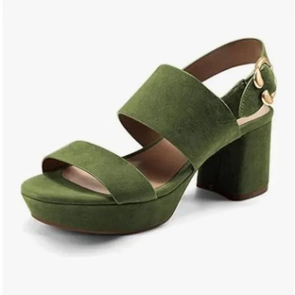 FOWT Green Open Toe Platfrom Sandal Chunky Heel Slingbacks Buckle Wide Band Shoe - Picture 1 of 8